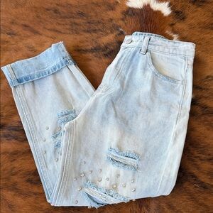 Blue B Light Blue Distressed Gem Embellishment Women’s Jeans